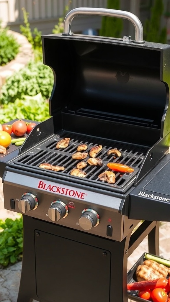 A Blackstone grill with a shiny surface, ready for cooking outdoors.